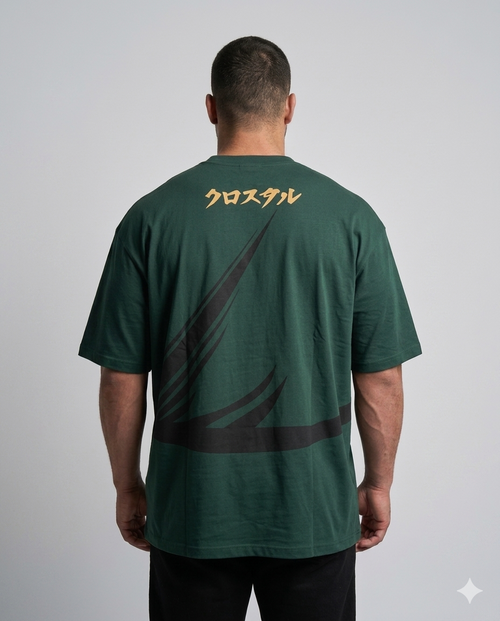 Back view of a model wearing the CROSTYL The Three-Sword Oversized Tee in forest green with Japanese-inspired graphic print.
